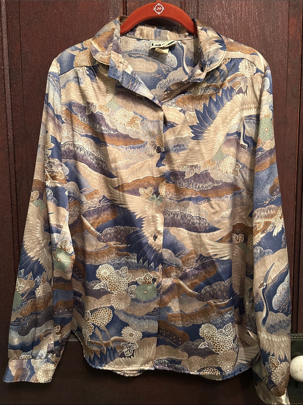 Vintage 70’s Silky Blue and Brown Crane Print Button-Down Shirt